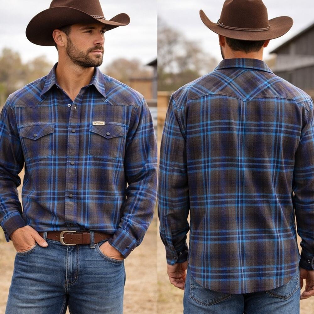Flannel Shirt XL Blue Gray Plaid Snap button Western Cotton Old Money